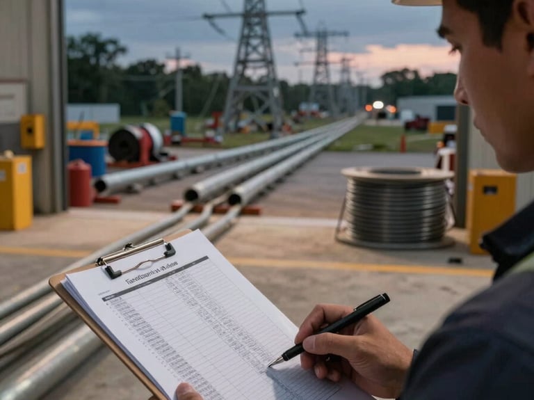 Wide environmental shot of an active electrical job site at dusk, a crew member in the foreground reviewing a cost printout clipped to a clipboard, fluorescent work lights casting harsh shadows across conduit runs and wire spools in the background, overcast sky visible through an open bay door, no smiling or posed subjects