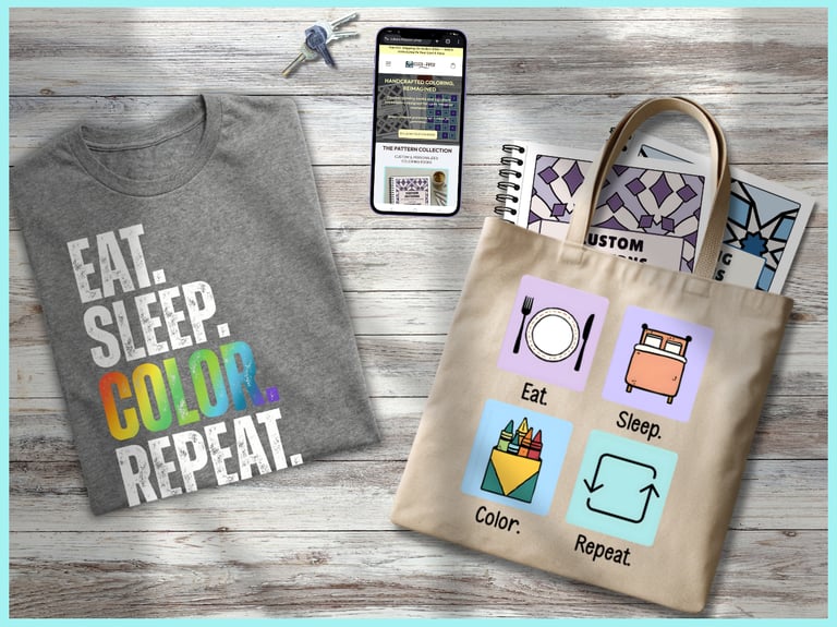 cream tee with phrase "EAT.SLEEP.COLOR.REPEAT." and tote bag with icons representing each of those