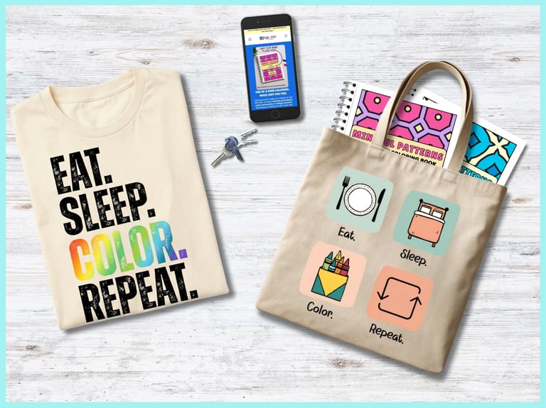 cream tee with phrase "EAT.SLEEP.COLOR.REPEAT." and tote bag with icons representing each of those