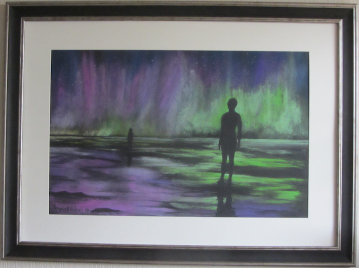 Reflections of the Northern Lights shining on Anthony Gormley's "Another Place" Crosby. Soft pastel 