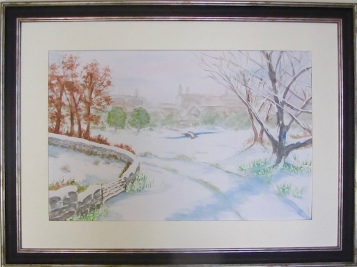 Watercolour of snow-covered road heading into town on a misty early morning. Snow-laden trees. 
