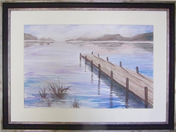 Pale pinks and purples of sunrise over lake with jetty; painted in watercolour