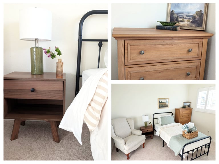 Cozy modern bedroom decor featuring a wooden nightstand, black metal bed frame, and oak dresser.