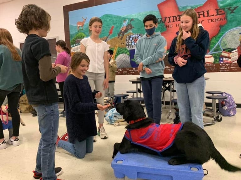 a group of students smile while training a service dog