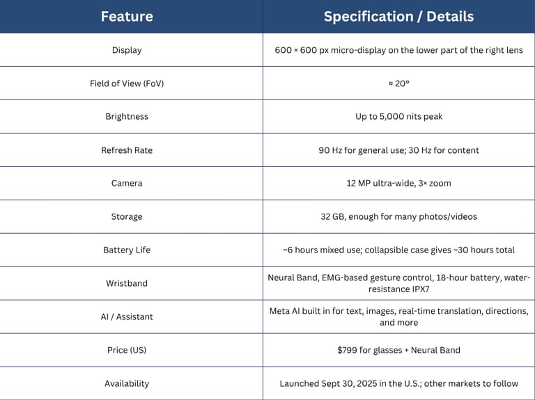 Key Features & Technical Specs of meta ray ban display