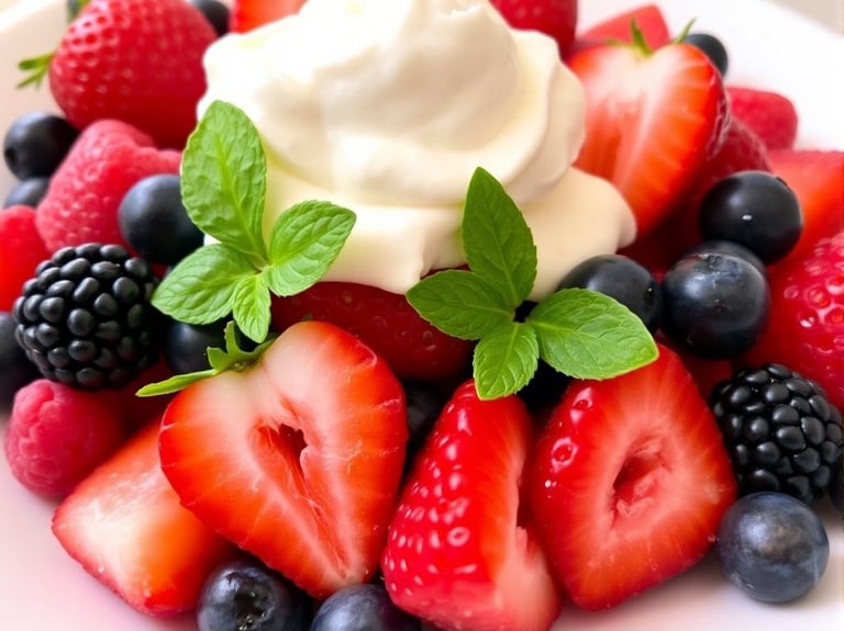 Close-up of Berry Keto Fruit Salad with Whipped Cream