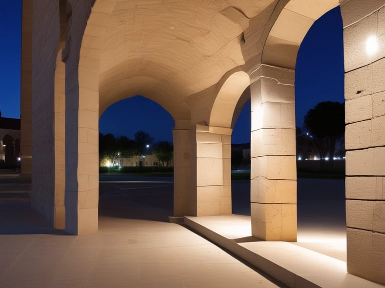 A multi-level interior space features intersecting staircases and illuminated exit signs, creating a geometric architectural design. The ambient lighting is dim, with turquoise hues casting a serene atmosphere across concrete textures.