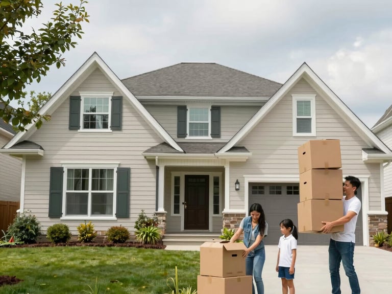 A happy family reviewing home documents together in a cozy living room.