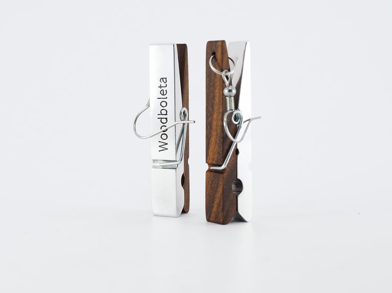 Clothes pins inspired earrings made from exotic wood and aluminium