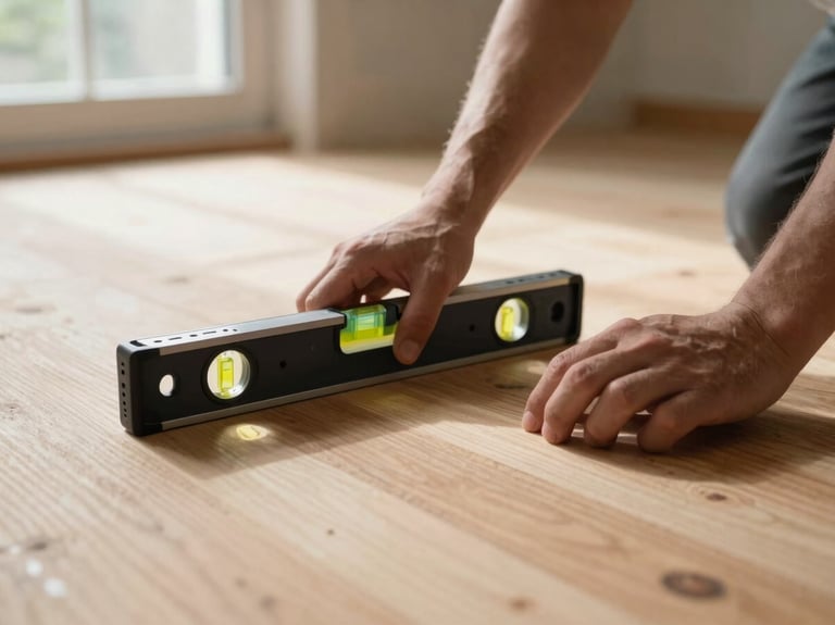 Hands using a spirit level and hand tool on a freshly prepped plywood subfloor, natural window light casting soft shadows, shallow depth of field