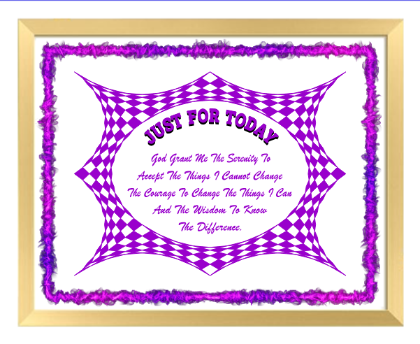 Framed Serenity Prayer print with purple checkered border and Just For Today inspirational text.