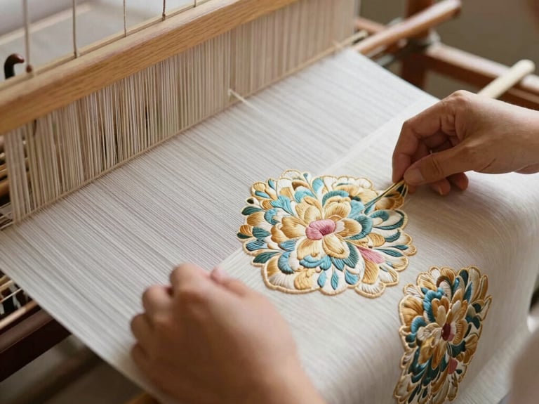 A photograph focusing on the hands of a Japanese artisan carefully weaving silk threads in a minimalist, sun-drenched Kyoto studio. The scene is calm and elegant. Colors include soft silver sage and warm cream.