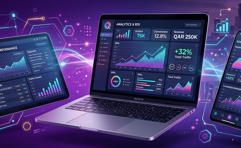 Digital marketing data analytics dashboard displayed on a laptop, tablet, and smartphone.