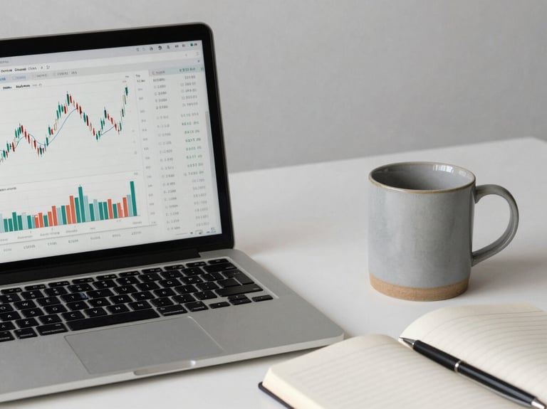 Clean modern desktop workspace with a laptop showing financial charts, a ceramic mug, and a neat notebook under soft natural light.