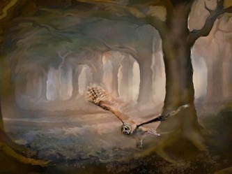 owl in flight, owl in the woods painting