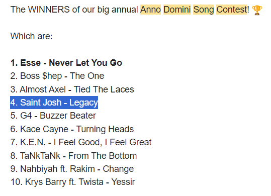 Saint Josh earns 4th place in the Anno Domini Song Contest 2024 with his song 'Legacy.'