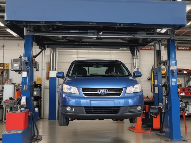 A small automotive repair shop with a distinctive red and white facade, located on a quiet street. The building is one story with large glass windows and a sign displaying the name of the business. A black car is parked in front of one of the garage doors. Tree-lined streets with houses are visible in the background, bathed in the soft light of late afternoon.