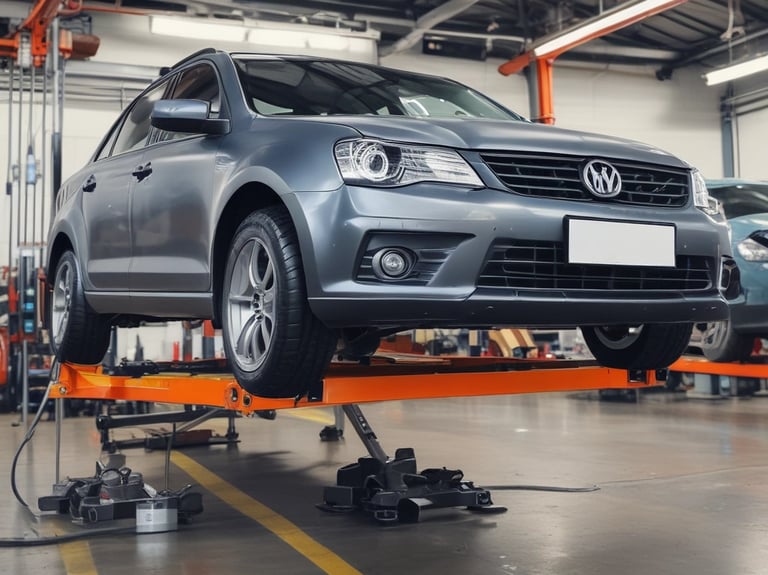 Several racing tires are placed on a concrete floor, with one large tire in the foreground. A person is kneeling and working on a tire, while another person stands nearby wearing green gloves. The background shows a garage environment with tools and equipment.