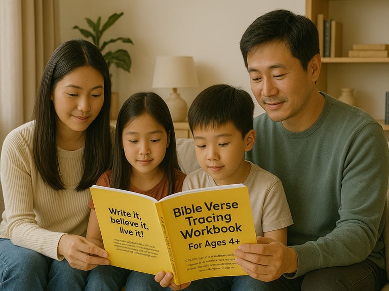 a mother, father and their two children are sitting on a couch reading a Bible Verse Tracing book