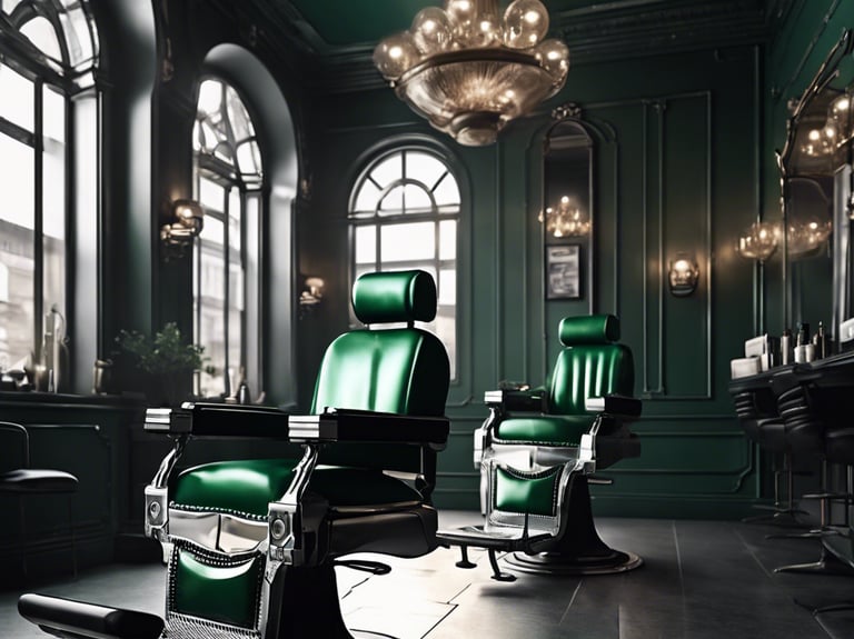 a barber shop with two men standing in front of it