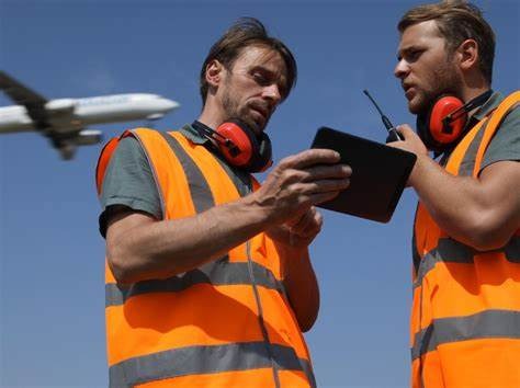 Airport workers reviewing data and talking on their PoC radios.