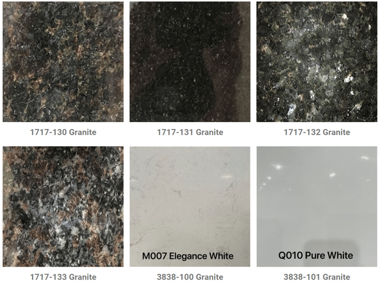 a variety of granite countertops with different colors and sizes of granite