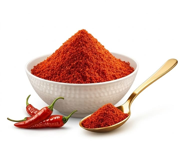 Red chili powder in a white bowl with fresh peppers and a golden spoon on a white background.