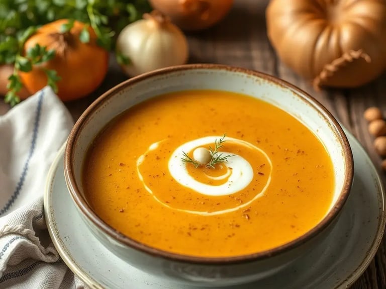 Un grand bol de soupe au potimarron posé sur une table en bois.