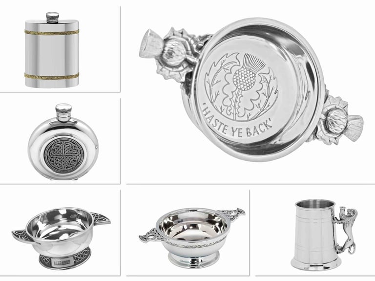 Pewter quaichs tankards & hip flasks