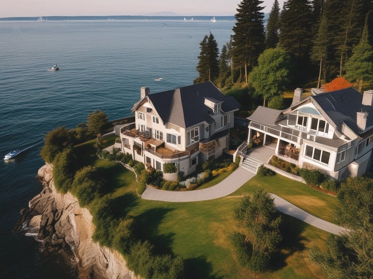 A residential street lined with brick houses stretches into the distance under a partly cloudy sky. A large tree without leaves stands tall on the right side, casting long shadows on the wet pavement. For sale signs are visible in front of the houses, indicating real estate activity. The sunlight filters through the branches, creating a serene atmosphere.
