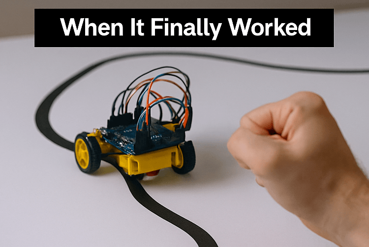 DIY Arduino-based line-following robot successfully moving along a track with a clenched fist in cel