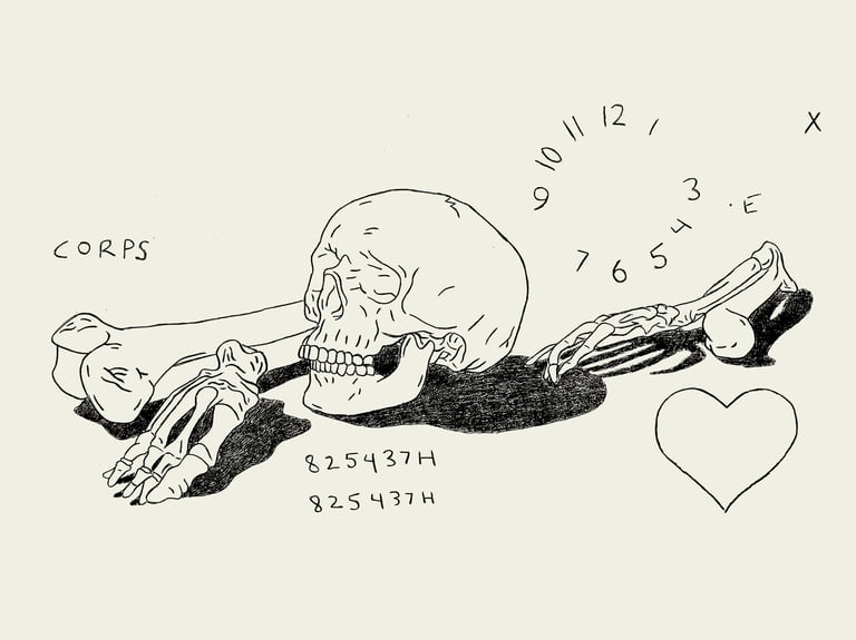 black and white digital art of the human anatomy with a clock computer code a heart and the word "corps"