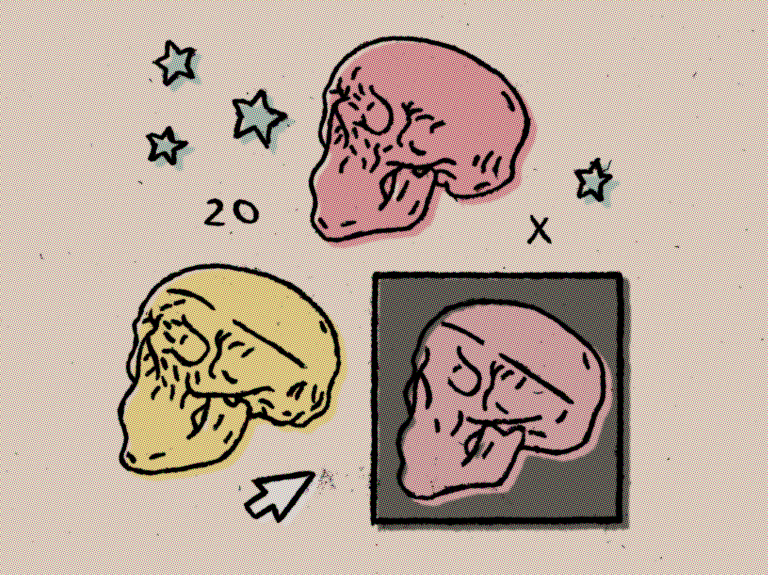 Rough halftoned digital art in comic style with pop art colors the human skull code arrow and stars