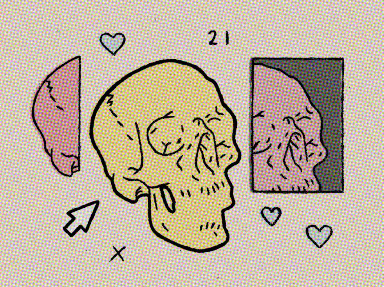 Rough halftoned digital art in comic style with pop art colors skulls code and a computer mouse and hearts