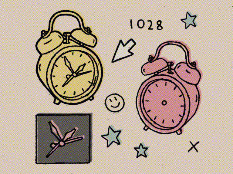 Rough halftoned digital art in comic style with pop art colors the human a clock code arrow and stars and a smiley face