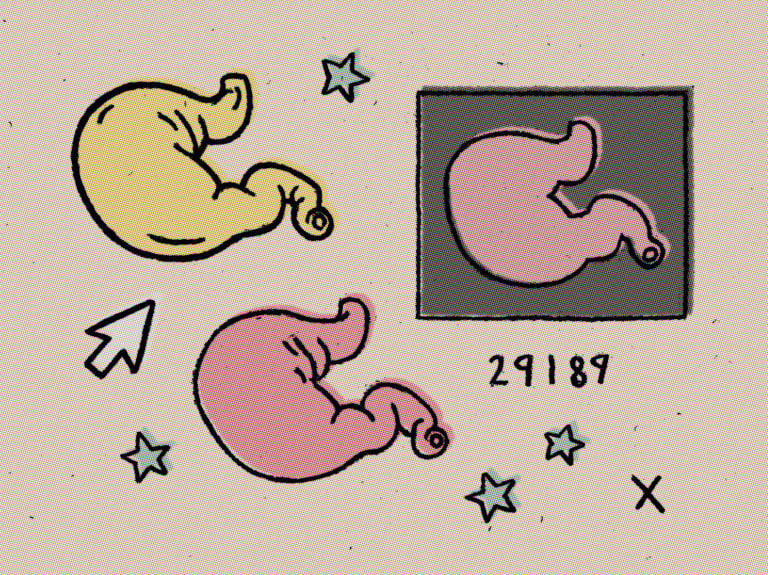 Rough halftoned digital art in comic style with pop art colors the human stomach code arrow and stars