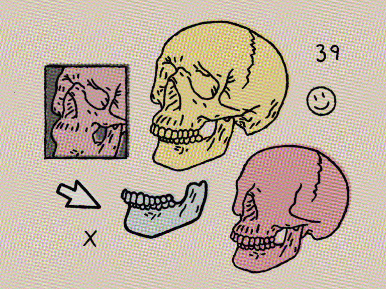 Rough halftoned digital art in comic style with pop art colors skulls code arrow and a smiley face
