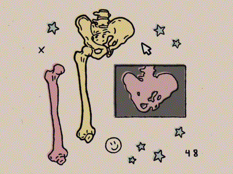 Rough halftoned digital art in comic style with pop art colors a pelvis code arrow and stars and a smiley face