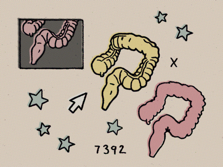 Rough halftoned digital art in comic style with pop art colors intestines code arrow and stars