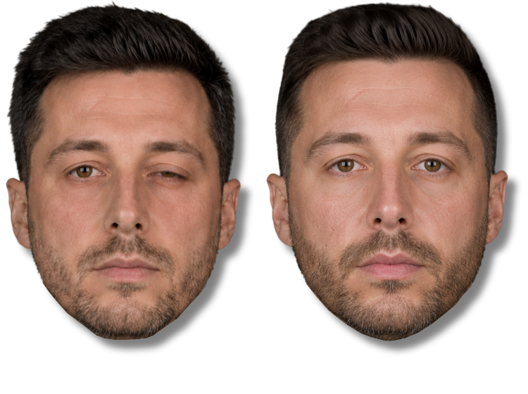 Before and after comparison of ptosis correction surgery on a man with a drooping eyelid.