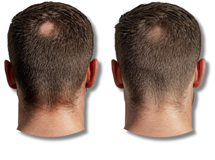 Before and after comparison of hair regrowth treatment for a bald spot on a man's crown.