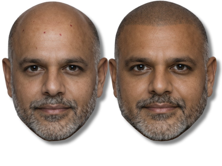 Before and after comparison of scalp micropigmentation for male pattern baldness treatment.
