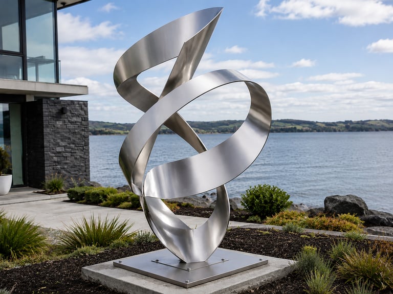 Modern abstract stainless steel outdoor sculpture on a waterfront garden pedestal.