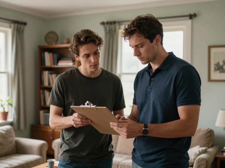 Two team members standing in a dated living room reviewing a clipboard together, natural side light from a window, lived-in bookshelves visible behind them, candid working moment