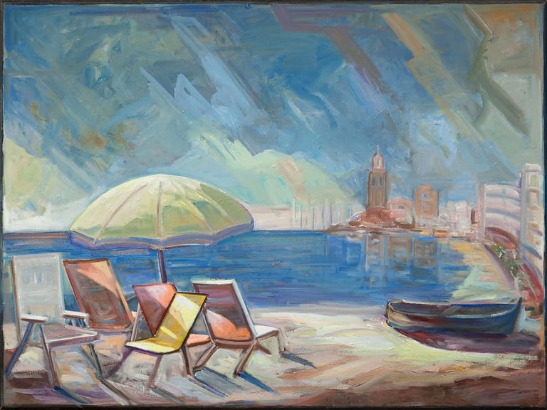 Sitges, óleo sobre lienzo del artista pintor Argi Girón. Sea loungers oil artist painter