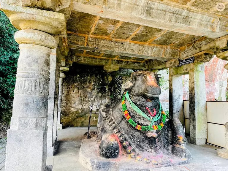Monolithic Nandi statue at Yoga Nandeeshwara Temple, Nandi Hills, carved from a single piece of stone & facing the temple