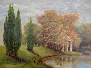 A serene landscape featuring tall cypress trees, a colorful autumn tree, and a classical structure b