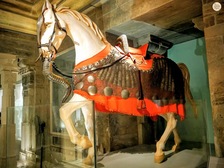 Statue of Chetak, Maharana Pratap’s loyal horse, displayed in the armoury at Udaipur City Palace.