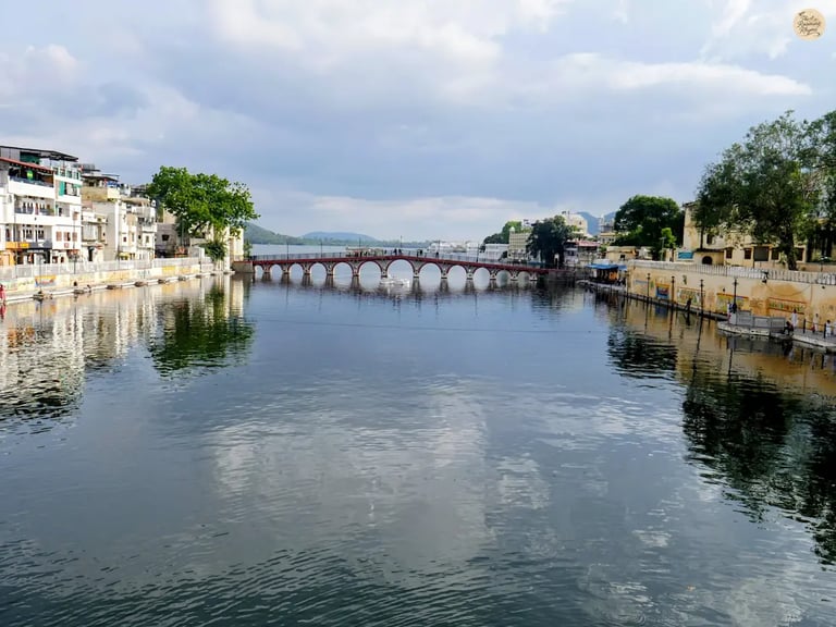 Scenic view of a historic bridge over Lake Pichhola Udaipur Rajasthan India.