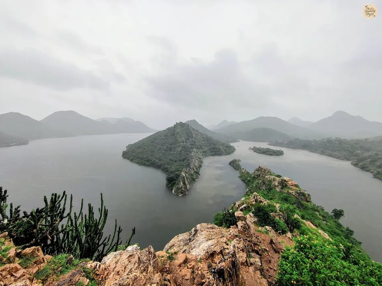 View of Aravalli hills and Badi Lake from Bahubali Hills, Udaipur.